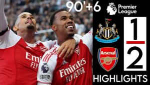 Gabriel celebrates scoring Arsenal’s 96th-minute winner at St James’ Park.